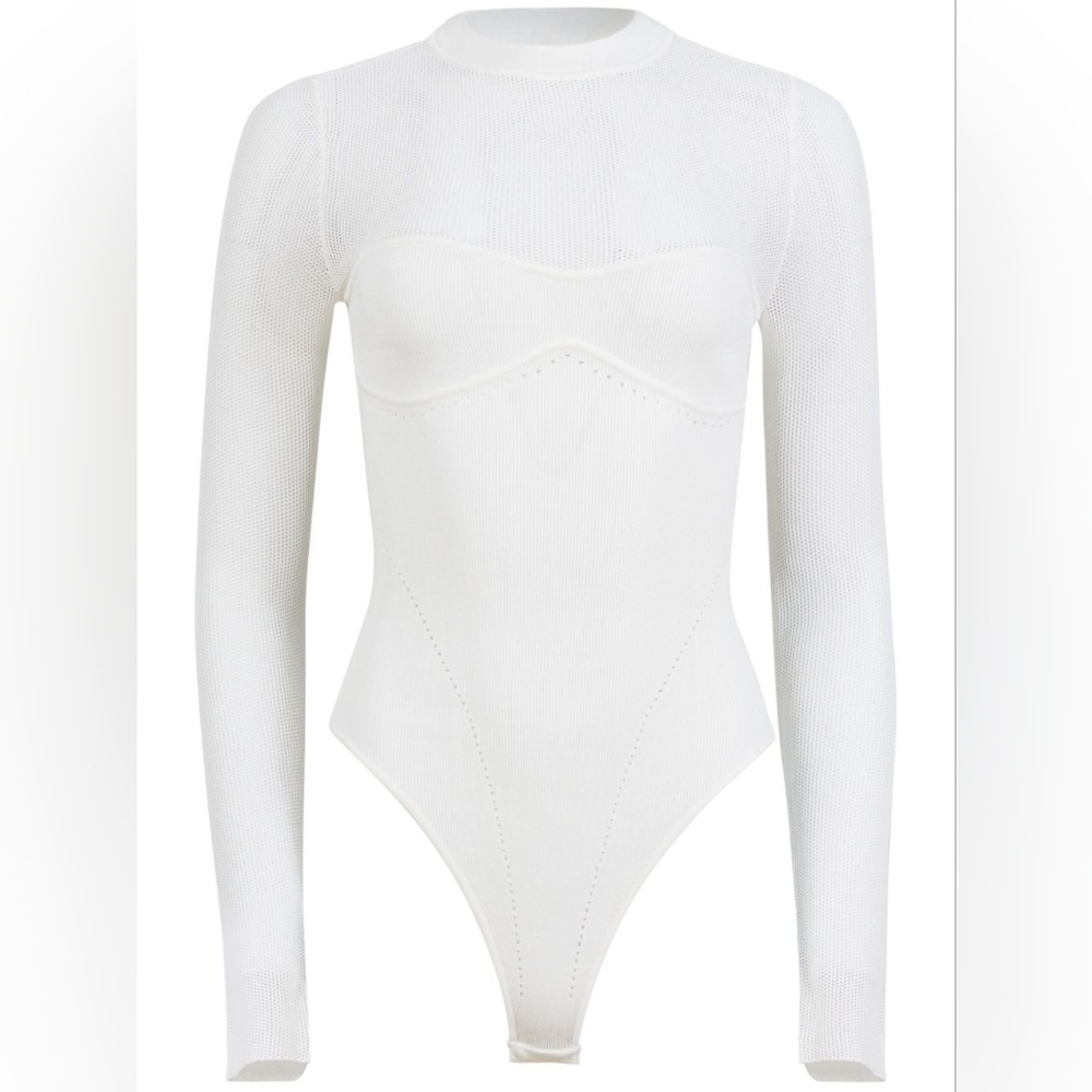 Fleur Du Mal White Pointelle Knit Long Sleeve Mock Neck Bodysuit